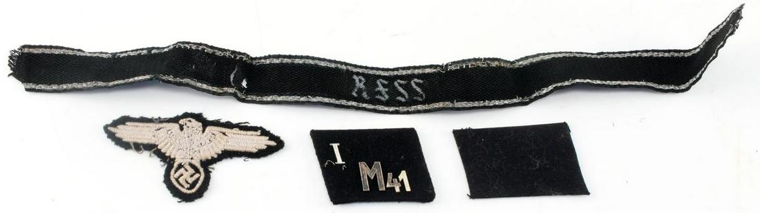 WWII THIRD REICH GERMAN SS INSIGNIA SLEEVE COLLAR: Lot of three WWII German SS insignia: SS enlisted eagle to be worn on sleeve, SS collar tabs with assignment number 1 M41, with maker's mark RZM 34 over 36 on reverse side, one Allgemeine SS cuff iden