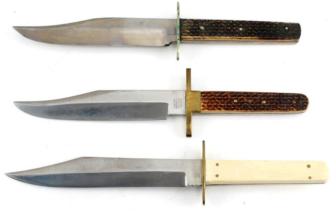 STAG HANDLE SHEFFIELD MADE BOWIE KNIFE LOT OF 3: Lot includes two William Rogers Bowie Knives with Stag handles and one Fabyan Knife Co Bowie Knife. The William Rogers measures 10.5 inches, the blade measures 6 inches. Fabyan Knife Co Bowie measures