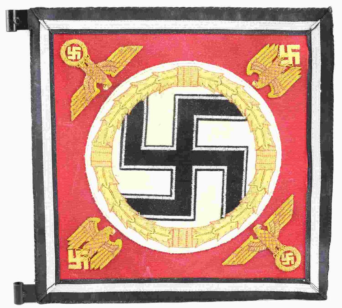 WWII THIRD REICH GERMAN ADOLF HITLER CAR PENNANT: WWII German car fender pennant that would have belonged to Adolf Hitler, and used to show that the Fuehrer was in the vehicle. This double sided piece with finished metal frame measures 11 inches squa