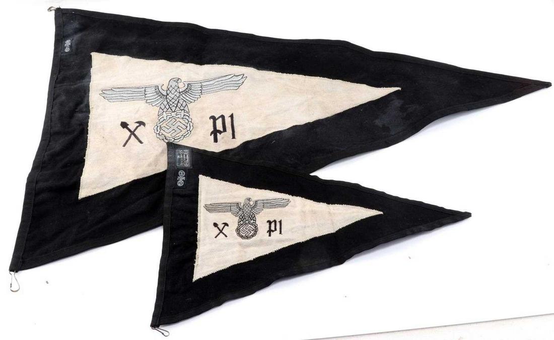 WWII GERMAN THIRD REICH SS PIONEER PENNANT LOT: WWII German Third Reich SS Pioneer Pennant Lot of 2. Larger camp pennant measures approximately 29 by 18 inches. Double sided construction with machine stitched silver bullion SS eagle and black threa