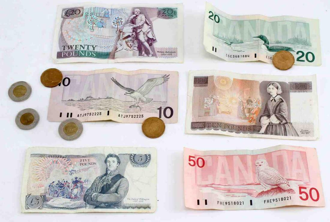 BANK OF ENGLAND & CANADA BANKNOTE LOT: Older date banknotes circulated VF, 35 English pounds, 75 Canada dollars and some loose change.