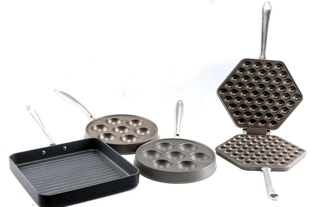 LOT BREAKFAST COOKWARE NORDIC WARE & ALL CLAD: Lot of four pieces of breakfast cookware in near new condition: One 10" Nordic Ware, Made in the USA, 2 piece Egg Waffle maker. Two 9" Nordic Ware, Made in the USA, Ebelskiver filled pancake pans. One