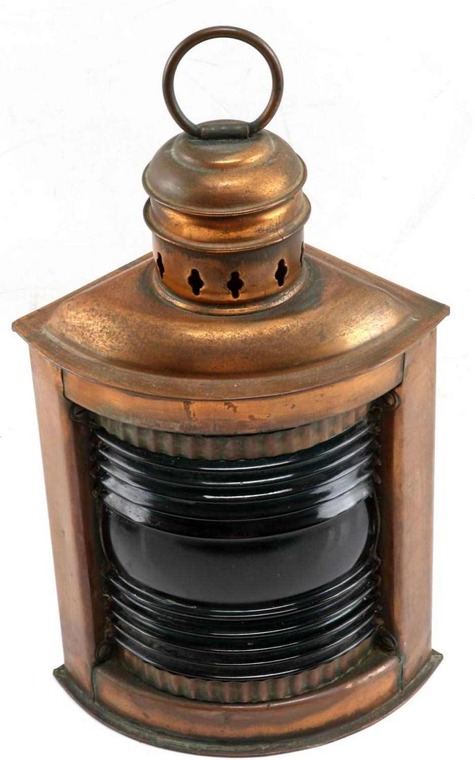 VINTAGE KILBORN SAUER GREEN GLASS SHIPS LANTERN: With oil lamp inside, measures 12 inches, very good original condition.