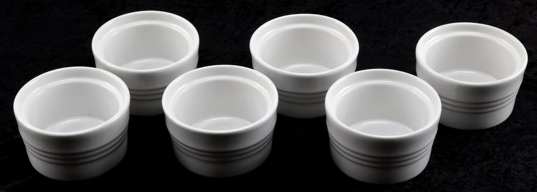 7 LE CREUSET 7 OZ RAMEKIN SOUFFFLE STONEWARE BOWLS: White stoneware bowls, barely used if ever used at all.