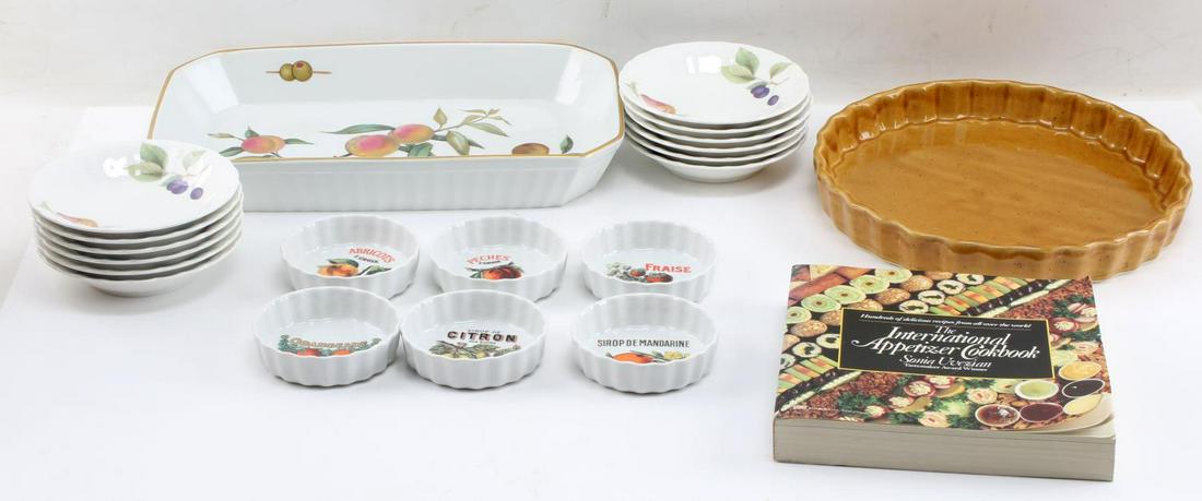 EVERSHAM MIKASA WILLIAMS SONOMA FRUIT WARE CHINA: Lovely coordination of fruit themed fine china band stoneware. Eversham serving dish 14x8x2 inches. 10 inch Beck French stone wear quiche dish.12 Mikasa fruit bowls and 6 Williams and Sonoma Rosanna t