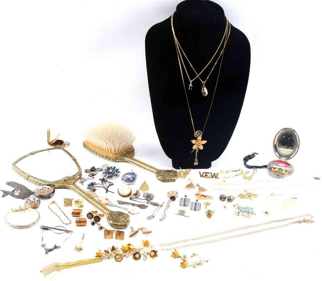 ANTIQUE COSTUME & STERLING JEWELRY W HAND MIRROR: Total sterling silver weight 75 grams, some antique gold fill pieces, pearls and cameos along with cuff links and antique hand mirror with brush set.