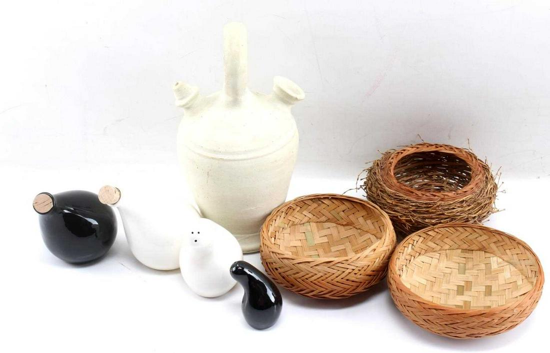 ETHNIC KITCHEN WARE & DECORATIVE ITEMS NY MOMA: Lot of decorative and functional ethnic items: modern Indonesian water jug measuring 11 inches by 5 inches. Two decorative or storage baskets from San Blas people of Panama, each having a diameter of 