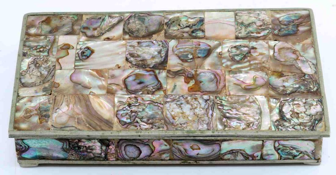 ALPACA MEXICO INLAID MOTHER OF PEARL TRINKET BOX: with wooden box interior measuring 5.5 inches by 3.5 inches. The metallic case has scratching and pitting, but mother of pearl is intact.