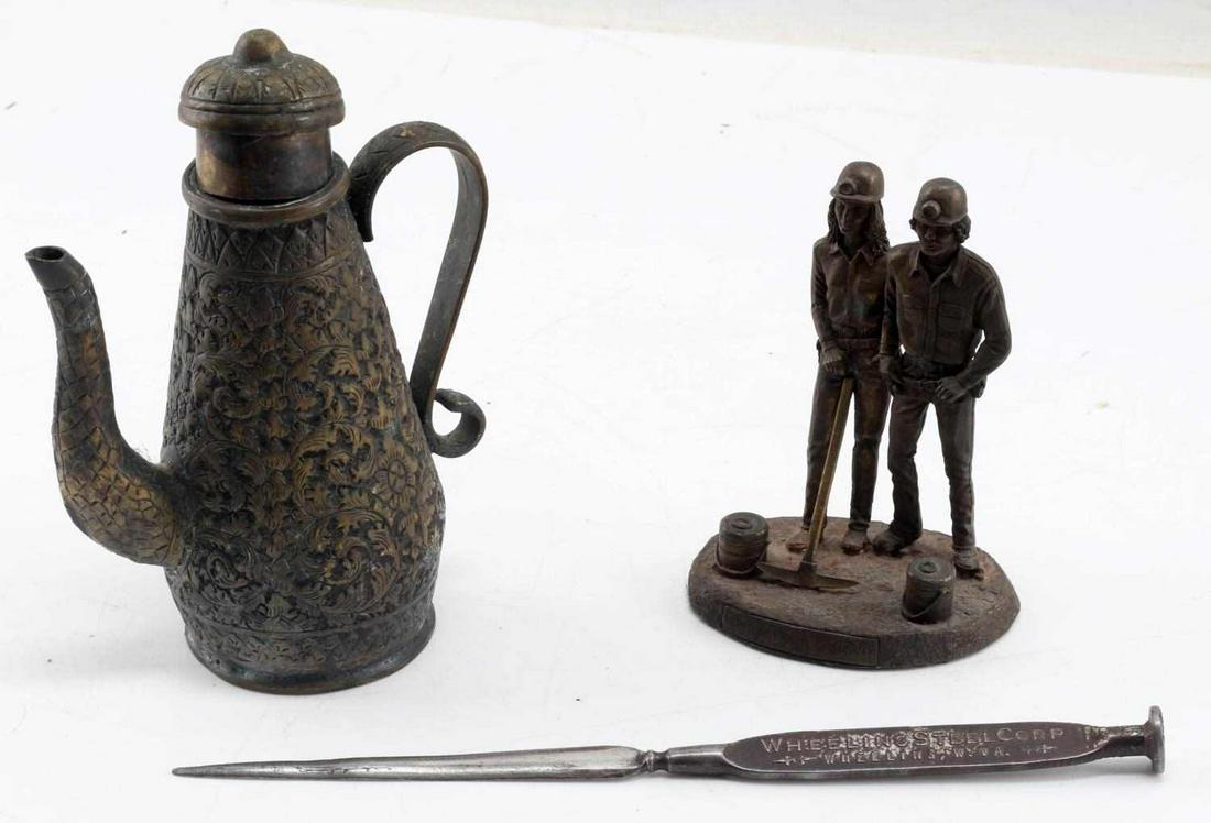 BRASS TEAPOT & NAIL LETTER OPENER & BRONZE FIGURE: One brass teapot with ornate floral low relief design that reflects Islamic cultural origins measuring 7 inches by 3.5 inches. One bronze desk decoration commemorating the Monterrey Coal company measu