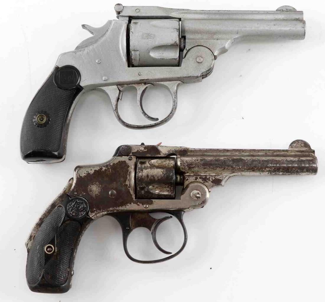 LOT OF 2 REVOLVERS H&R 2ND & S&W 3RD MODEL .32 CAL: H&R 5 shot revolver has pewter like finish, 3.25 inch barrel, dark bore, bakelite grips, maker and patent dates to top rib, serial number to butt, little play of cylinder, double action works. The S&W