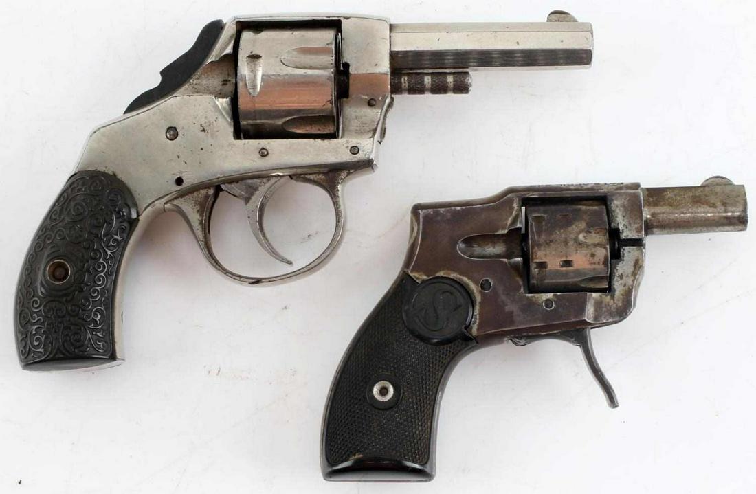 2 POCKET REVOLVERS BABY AND BOSTON BULLDOG .22 32: Model 1910 Baby Hammerless .22 with a 1 3/8 inch barrel, fair bore, finish loss and maker and model marked at top of frame. H&R Boston Bulldog .32 caliber with fine nickel finish, 2.5 inch barrel with