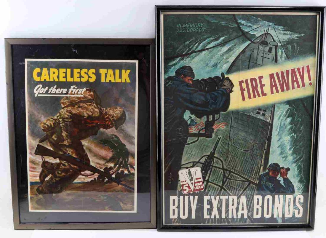 WWII US ARMY & WAR BONDS LITHOGRAPHIC PRINTS: Two WWII prints: "Careless talk got there first", published in 1944 by the Office of War Information and measuring 22 inches by 20 inches. The aim of this print was to educate war workers and military