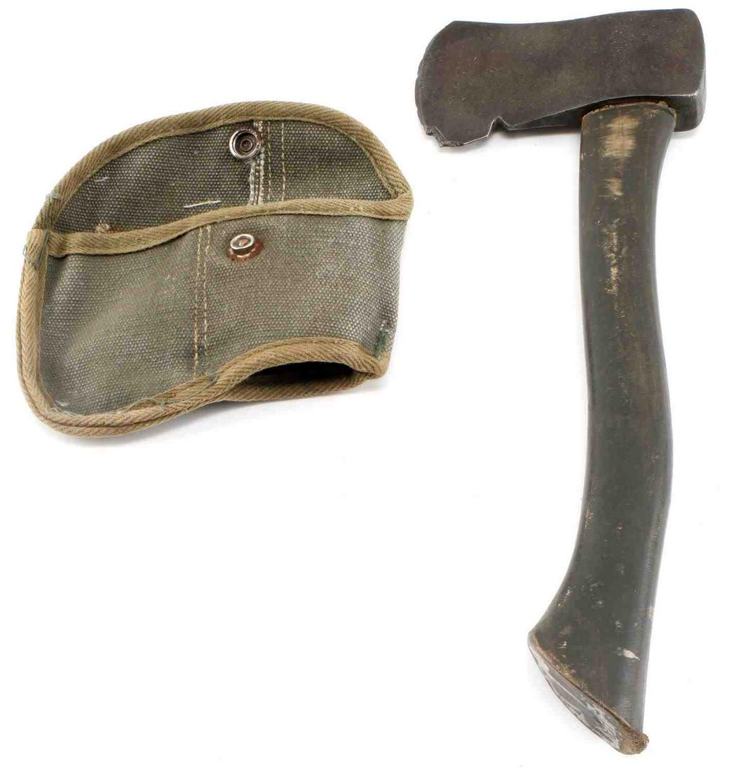 WWII US ARMY USMC CAMP HATCHET AXE: Camp hatchet with canvas belt pouch, the blade measuring 5.5 inches in width, the total length of object being 13 inches. The blade shows some chipping and there are signs of wear on the wooden handle