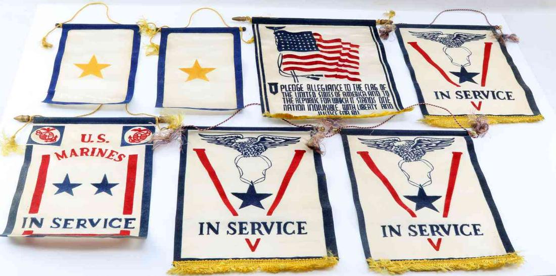 WWII US ARMY SON IN SERVICE WINDOW FLAG LOT OF 7: WWII US Army Son in Service Window Flag Lot of 7. Lot consists of four "In Service" that measures 9.5 by 8.25. One Pleedge of Allegiance flag that measures 11 by 9.5 inches. Two star flags that measur