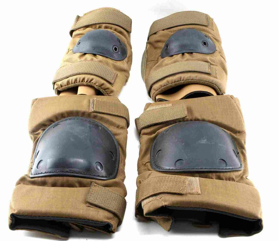 US MILITARY DESERT COYOTE KNEE & ELBOW PADS: Tactical coyote knee pads have label "BPE, Made in the USA, size Large", and can be adjusted via the hook and loop and Velcro strap construction. Elbow pads with Velcro straps, do not have tags. Both 