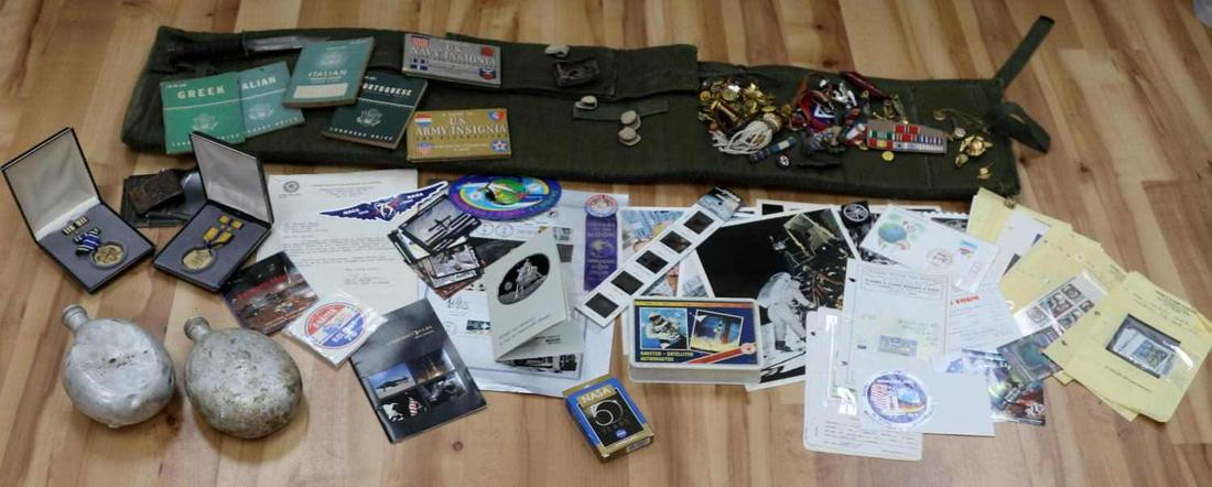 WWI WWII VIETNAM MULTI CONFLICT MILITARY LOT: Great variety of collectibles, Third Reich, battlefield relics, medals, pins and badges, sweetheart pins, Ka Bar knife, Airborne reproduction jump M-1 Bag, NASA and Apollo space ephemera, and much mor