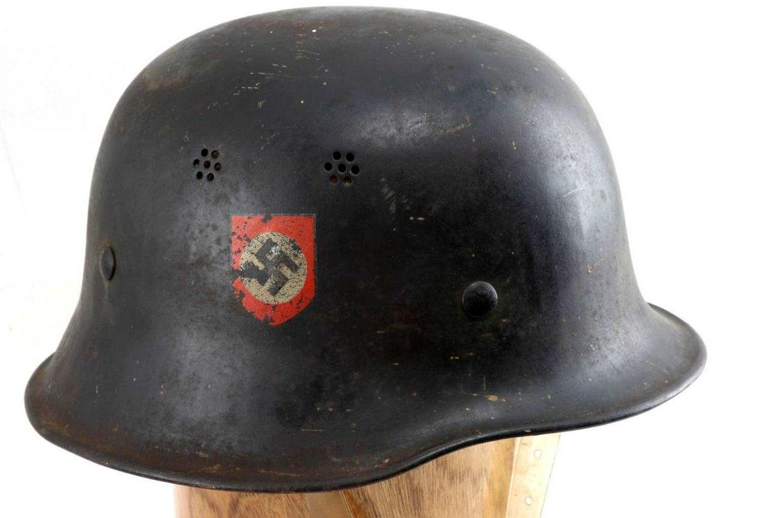 WWII GERMAN THIRD REICH M34 RED CROSS HELMET: WWII German Third Reich M34 Red Cross Helmet. Deutches Rotes Kreuz was the German equivalent of the Red Cross. Decals on each side of the helmet. Seven finger liner. Makers mark logo on the inner rear