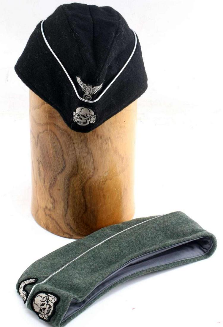 WWII THIRD REICH GERMAN WAFFEN SS OVERSEAS CAPS: Two German Waffen SS officer's overseas caps, size 7, one Army and one Panzer. There are no marks or numbers on the inside lining of these items. Unauthenticated, sold as is. + This lot has a reserve.