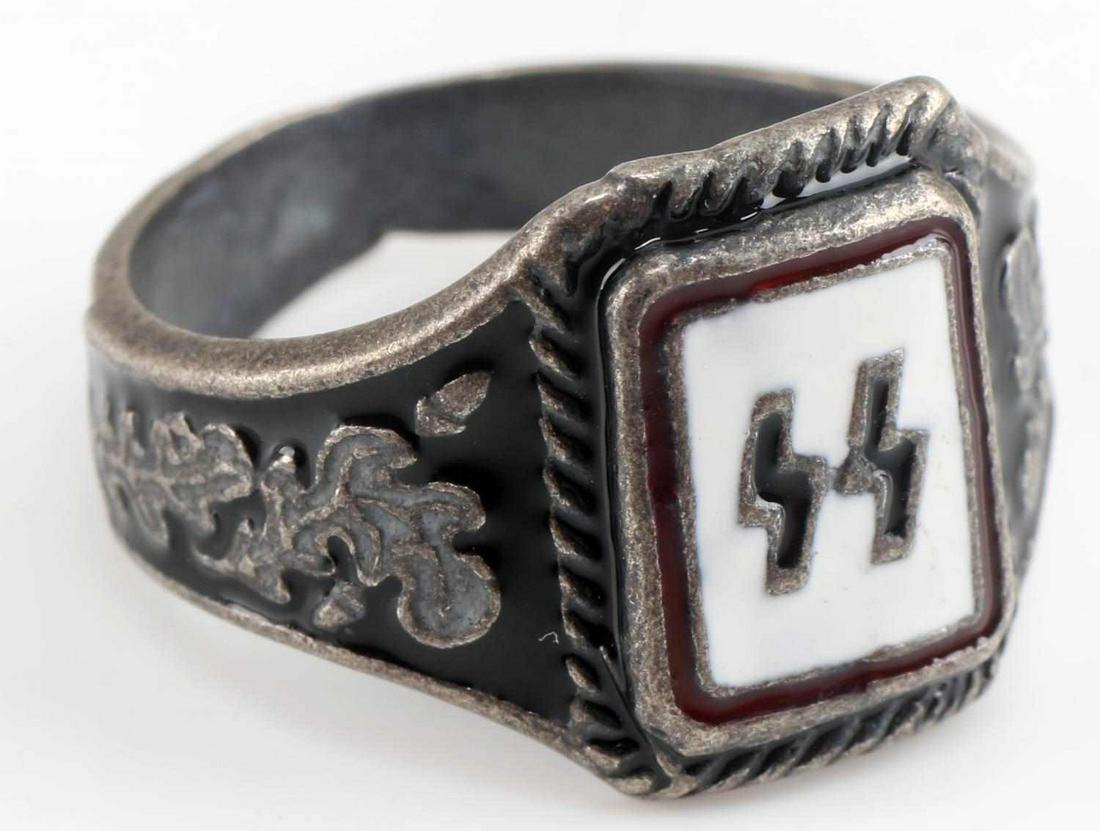 WWII GERMAN THIRD REICH WAFFEN SS SILVER RING: WWII German Third Reich Waffen SS Silver Ring. Stamped "800" for silver. The ring is a size 11. Nice enamel face. Some pitting on the inside of the ring. Very good condition. Unauthenticated; sold as 
