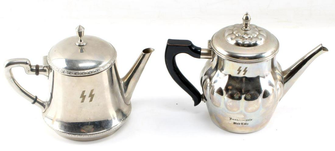 WWII THIRD REICH GERMAN SS JUNKERSCHULE COFFEE POT: Two coffee pots marked "SS Junkerschule Bad Toelz", a school for SS officers just south of the Dachau Concentration Camp in Munich. One measures 4 inches in height and the other measures 5 inches. WMF