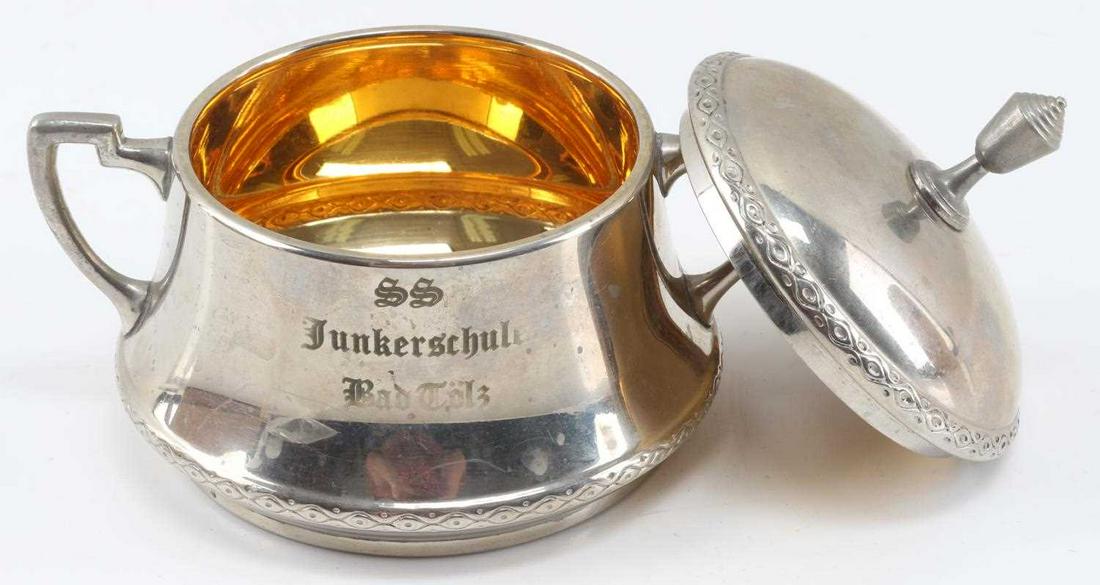 WWII THIRD REICH GERMAN SS JUNKERSCHULE SUGAR BOWL: The Junkerschule, located south of the Dachau Concentration camp, was an SS officer's training school in Bad Toelz. Sugar bowl measures 2.5 inches in height. WMF maker's mark on bottom. Unauthenticate