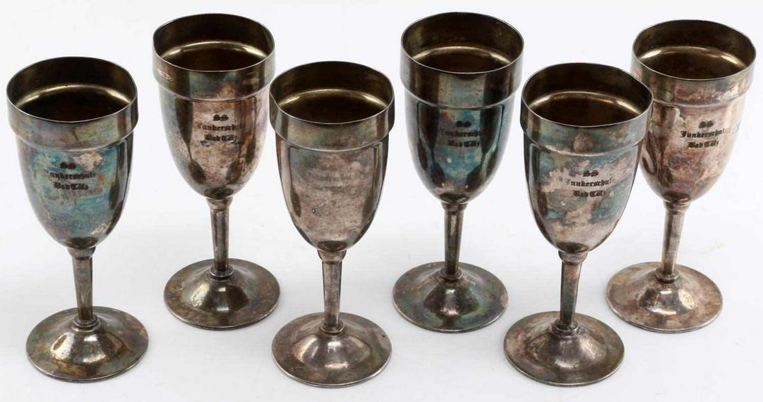 WWII THIRD REICH GERMAN SS JUNKERSCHULE GOBLETS: Six wine goblets measuring 7 inches in height and 2 inches in diameter from the SS Junkerschule, an officer's training school just south of the Dachau Concentration Camp in Munich, Germany. Unauthenti