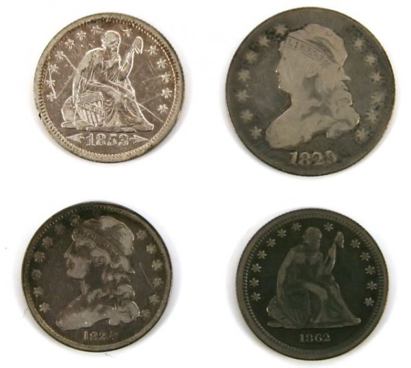 US QUARTER LOT 1825/4 1834 1853 1862 SEATED CAPPED