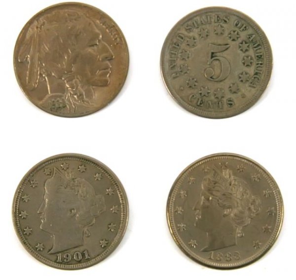 1868 SHIELD 1883V 1901V 1938D BUFFALO NICKELS VF+