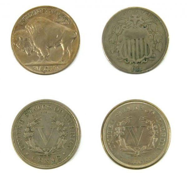 1868 SHIELD 1883V 1901V 1938D BUFFALO NICKELS VF+ - 2