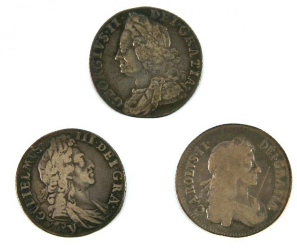 GEORGE I WILLIAM III CHARLES II SILVER SHILLINGS
