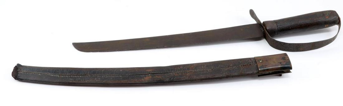 US CIVIL WAR CONFEDERATE D GUARD SHORT SWORD: Confederate States Civil War D Guard Short Sword & Scabbard. Measures 26 3/4” long overall. The steel blade is unmarked. It measures 1 7/16” wide by 15" long. Includes the brown leather scabbard t