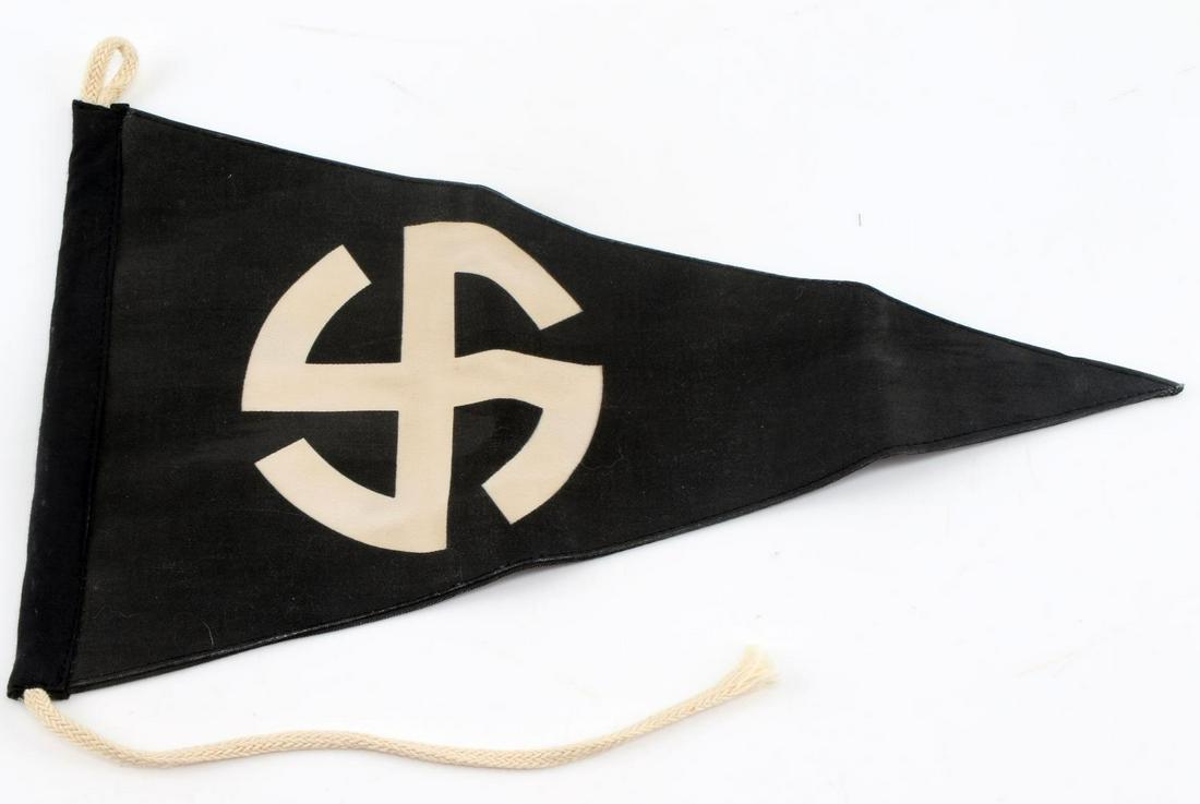 WWII THIRD REICH GERMAN NORDLAND CAR PENNANT: German WWII Waffen SS NORDLAND Foreign Volunteer Officers Staff Car Pennant. Measures 12.75 inches wide by 7.75 inches tall. Shows a cog wheel swastika on both sides. Has a black cotton bunting with r