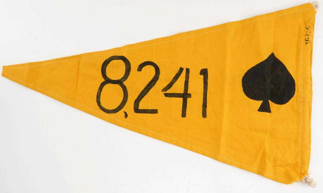 WWII GERMAN KRIEGSMARINE U BOAT TONNAGE KILL FLAG: German WWII Naval Kriegsmarine U-Boat Submarine Tonnage Kill Flag. Measures 24 3/8" wide by 14 1/4” tall. The front reads ‘U-126 8,241’. There is a black spade right side. Has two ropes on one e
