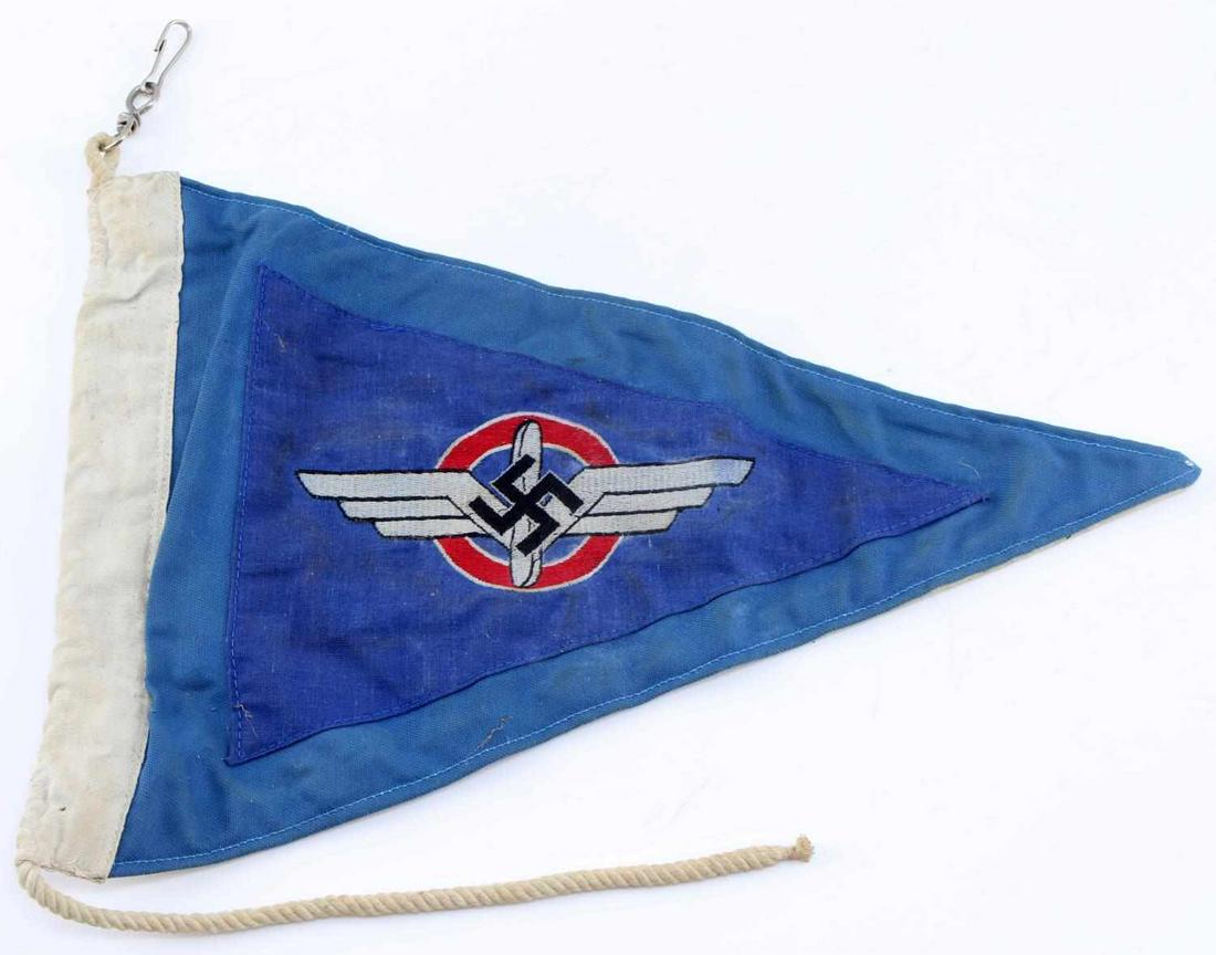 WWII GERMAN NSFK DLV GLIDER KORPS OFFICER PENNANT: German WWII NSFK / DLV Glider Korps Officers Staff Car Pennant. Measures 13” wide by 9 1/4" tall. The one side shows the DLV winged emblem with a swastika in the center. The other side shows the Ica