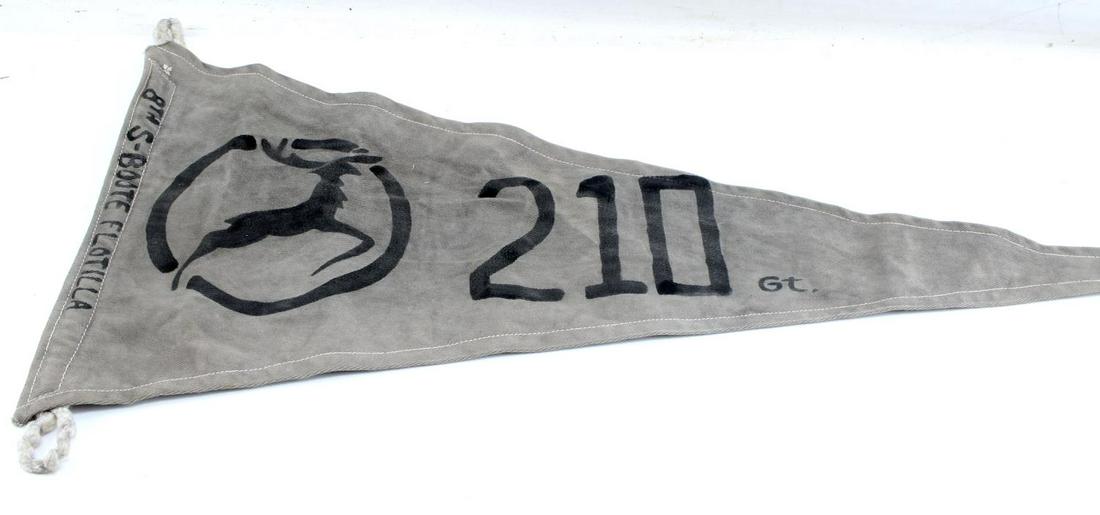WWII GERMAN THIRD REICH S BOAT TONNAGE KILL FLAG: German WWII Naval Kriegsmarine S-Boat Tonnage Kill Flag. Measures 22 1/2" wide by 11 5/8” tall. The front reads ‘8th S-Boat Flotilla 210 Gt’. There is a jumping deer in a circle on the left side