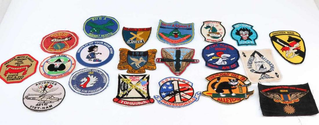 20 US VIETNAM ERA ASSAULT HELICOPTER PATCH LOT: (20) USAF Viet Nam Era Assault Helicopter and Aviation Shoulder Patches. All of these patches are hand and machine theater made. Cloth cotton embroidered sewn construction. Unauthenticated, sold as is