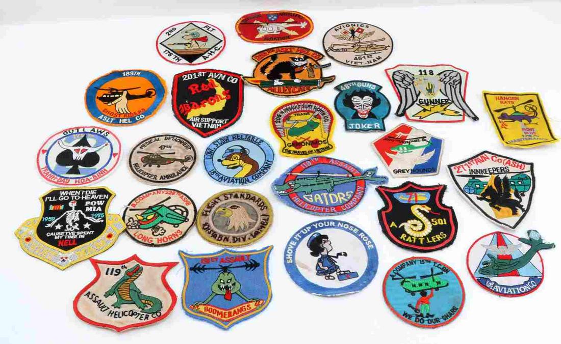 25 VIETNAM ASSAULT HELICOPTER SHOULDER PATCH LOT: (25) USAF Viet Nam Era Assault Helicopter Shoulder Patches. All of these patches are hand and machine theater made. Cloth cotton embroidered sewn construction. Unauthenticated, sold as is.