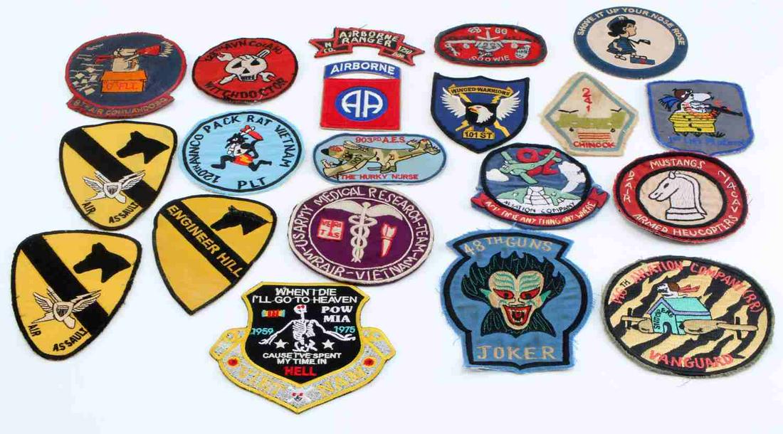 20 USAF VIETNAM ASSAULT HELICOPTER PATCH LOT: (20) USAF Viet Nam Era Assault Helicopter & Aviation Shoulder Patches. All of these patches are hand and machine theater made. Cloth cotton embroidered sewn construction. Unauthenticated, sold as 