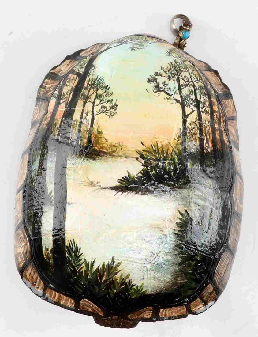 GOPHER TORTOISE SHELL WITH FLORIDA LANDSCAPE: Hand painted Florida Gopher Tortoise shell. Scene exemplifies this species habitat of the xeric sandhill pines of Florida and stylistic influence of the Indian River art movement of the 1950's. Signed