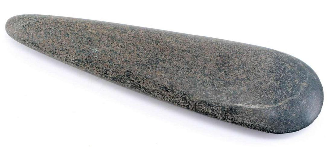 LARGE PRECOLUMBIAN TAINO ANDESITE AXE: Ax. Made of andesite. Measures 10 inches. Found in Puerto Rico at east end of the island. Dating c 1000-1500 AD. From the Roberts Collection. This lot has a reserve.