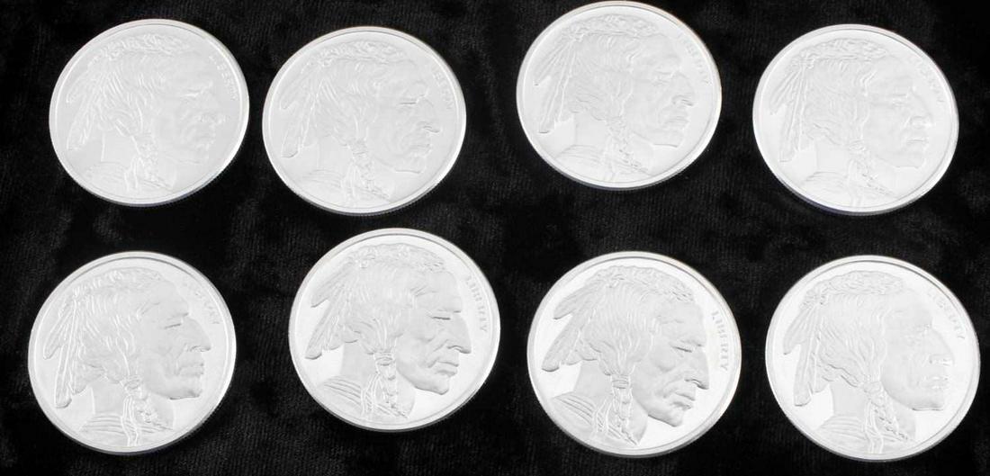 1 OZ BUFFALO ROUND OF .999 FINE SILVER LOT OF 8: Lot of 8 Buffalo Rounds, non-circulated, privately minted, made in the USA by Golden State Mint, containing 1 Troy Ounce of .999 Fine Silver with a rendition of James Earle Fraser's classic design of 