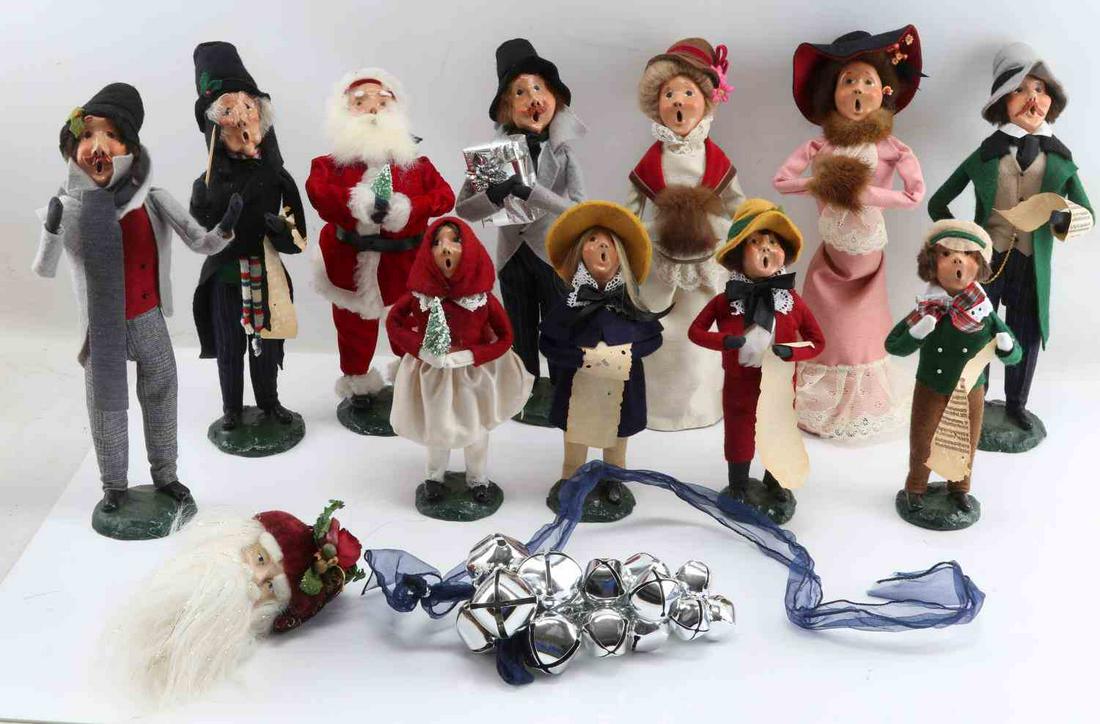 BYERS CHOICE CHRISTMAS CAROLERS COLLECTION 1983: Eleven Christmas Caroler's in good condition 10 have Byers Choice 1983 original label on underside of feet. All in good condition with some loss to paper sheet music props. Heights range between 10 an
