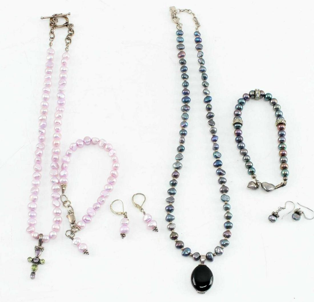 STERLING SILVER PEARL NECKLACE BRACELET EARRING: Black pearls necklace by designer Peyote Bird featuring onyx and sterling pendant, 19 inches. Bracelet, 8 inches. Lavender pearl necklace has peridot and amethyst cross pendant, 17 inches. bracelet 6 