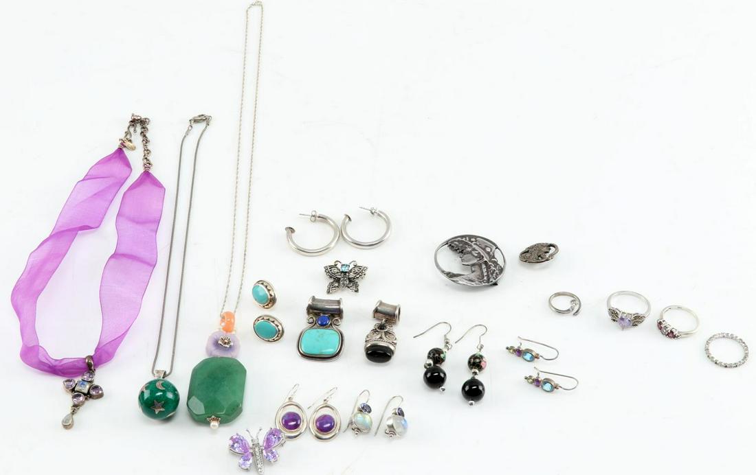 STERLING SILVER GEMSTONE AND JADE JEWELRY LOT: Gemstones include turquoise, lapis, jade, moonstone, amethyst. Total weight 160 grams. All in good wear or resale condition.
