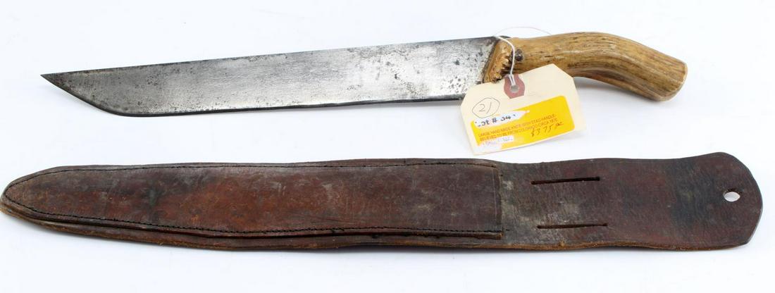 LARGE HANDMADE KNIFE WITH STAG HANDLE CIRCA 1870: Large Handmade Knife with Stag Handle from Colorado Circa 1870. Custom made leather sheath. 12.25 inch blade with a nice patina. Handle has been hollowed for the tang. previously sold in auction for $