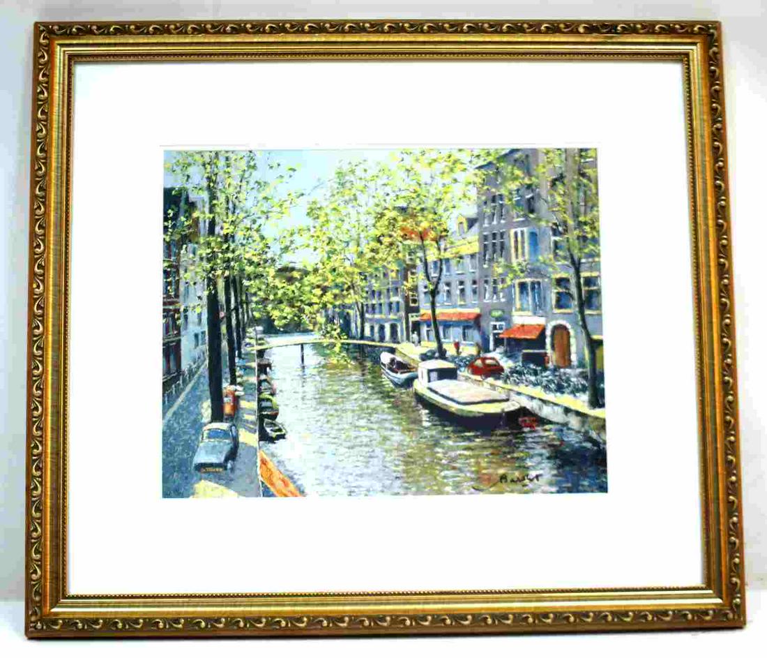 ANDRE BARDET SIGNED FRENCH SCENE AP SERIGRAPH: Hand signed Andre Bardet artist proof serigraph, titled "Amsterdam - Le Canal #2." Numbered AP 90/145. This work is accompanied by an appraisal and Certificate of Authenticity. The work measures appro