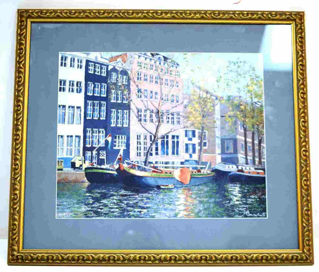 ANDRE BARDET SIGNED FRENCH SCENE SERIGRAPH W COA: Hand signed Andre Bardet serigraph, titled " Amsterdam - Sur le Canal." Numbered 597/950. This work is accompanied by an appraisal and Certificate of Authenticity. The work measures approximately 13.5