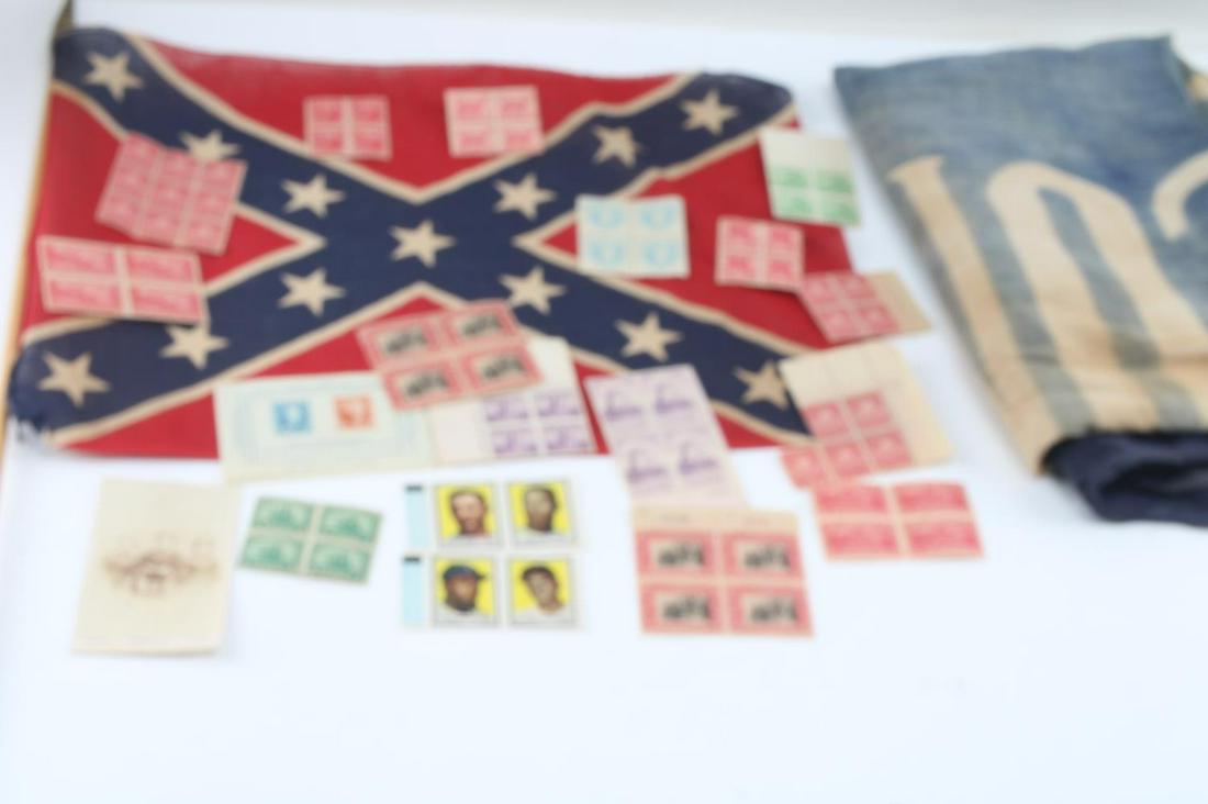 CONFEDERATE FLAG 13 STAR BANNER US POSTAGE STAMPS: Lot of United States historical items spanning the thirteen colonies, the Civil War and the early 19th century: "Welcome" banner with 13 flags measuring 38 inches by 32 inches, and showing heavy stain