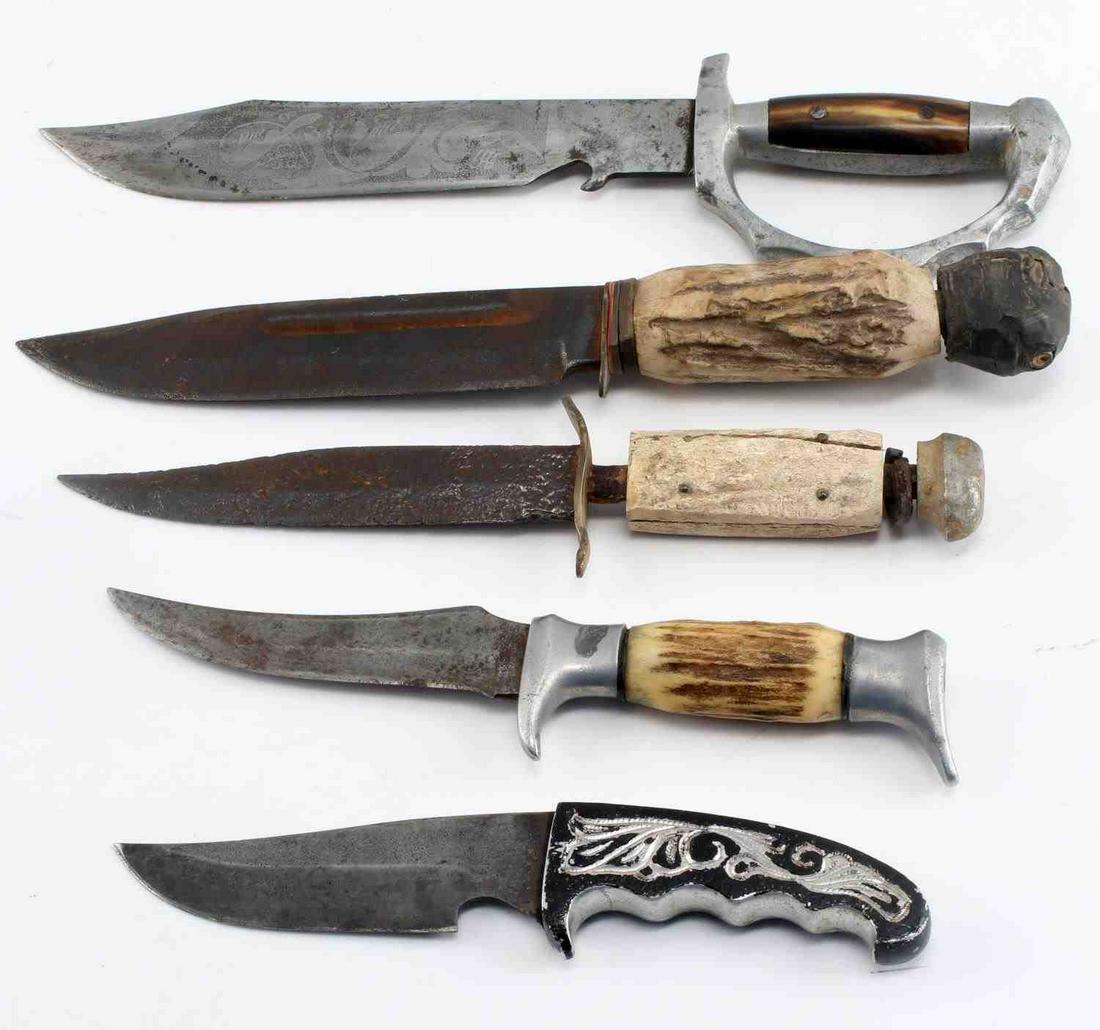 ANTIQUE FIGHTING KNIFE LOT OF 5 KNIVES: Mexican handled fighting knife 3 early bowies and a Zuni inlay knife, size ranges 8 to 12 inches.