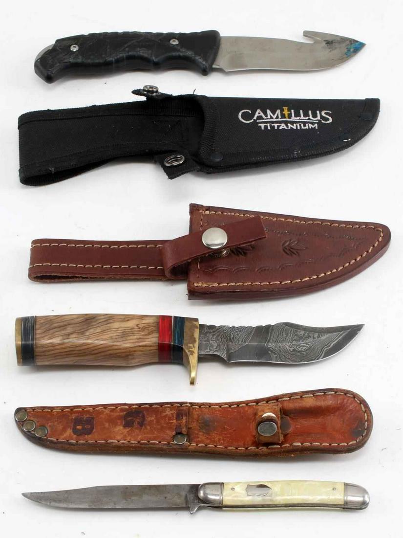 SALVATION CAMILLUS IMPERIAL KNIFE LOT OF 3: Imperial fixed blade with sheath 7 inches, Salvation Damascus blade and burl wood grip, 8 inches, Camillus Titanium with gut hook blade 8 1/2 inches. All very good.